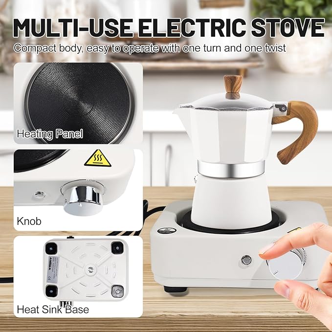 4-in-1 Moka Pot Espresso Set with Electric Stove 3 Cup Aluminum Stovetop Coffee Maker Percolator Italian Classic Mocha Coffee Machine with Powder Dispenser Filter Paper Portable Camping White