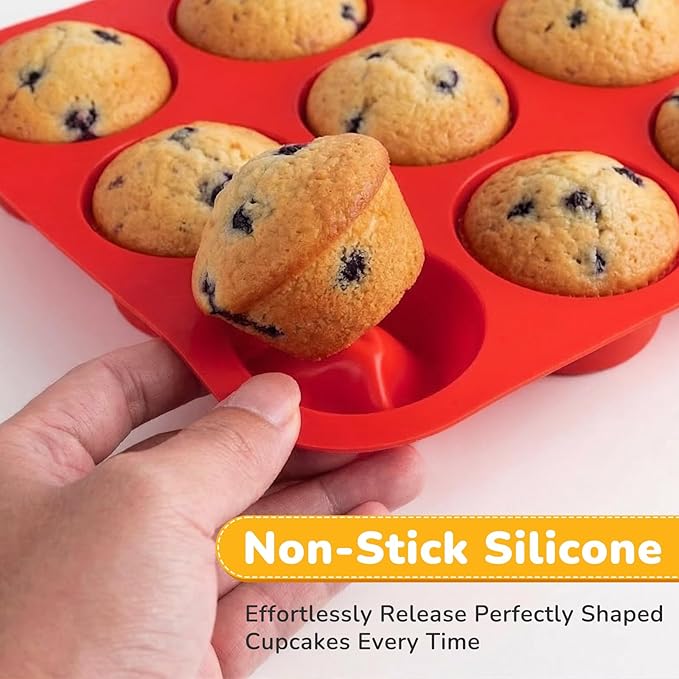 2 Pack Silicone Cupcake Pan for Baking, Nonstick Silicone Muffin Pans, 12 Cups Regular Size Cupcake Pan, Durable and Flexible, Quick-Release, Easy to Clean, Ideal for Home Baking and Party, Red