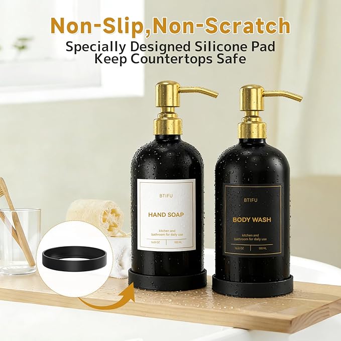 Kitchen Soap Dispenser Set – 16.8oz/500ml Glass Hand and Dish Soap Dispenser with Stainless Steel Pumps & Non-Slip Silicone Base, Luxury Countertop Decor for Home, Airbnb, Hotel (Black & Gold)