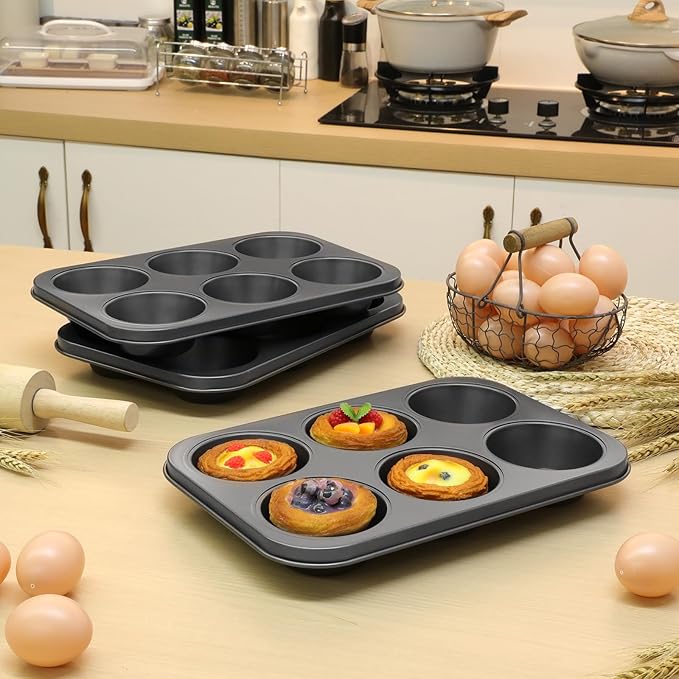 Blushtier 6 Pack Nonstick Jumbo Muffin Baking Pan Muffin Tins Heavy Duty Cupcake Tin Gold Carbon Steel Cup Cake Tray for Baking Cupcakes, Dishwasher Safe Small Muffins Tarts(Jumbo,Black)