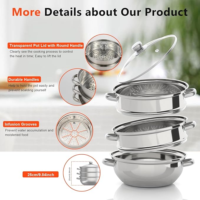 3-Tier Food Steamer Pot for Cooking - 12.8in Stainless Steel Steamer w/Lid Cookware For Vegetable,Dumpling, Crab, Stock