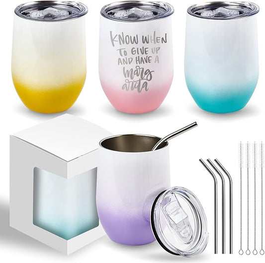 BetterSub 4 Pack 12oz Gradient Color Sublimation Tumblers (Yellow/Pink/Purple/Blue) Double Wall Insulated Stainless Steel Cups with Lid, Straw, Brush & Display Box (4 Packs Gradient Color)
