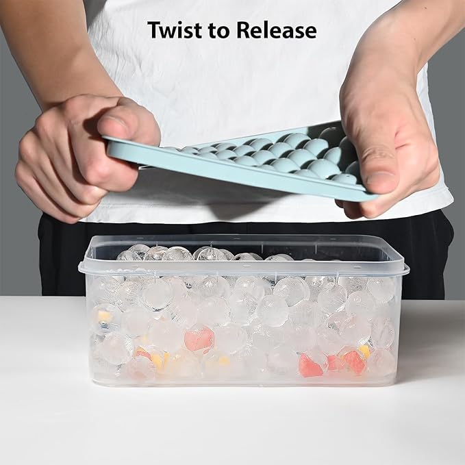 Ice Cube Trays with Lid and Bin, 0.8 IN Small Round Ice Cube Mold - Easy Release Stackable Ice Ball Maker for Cocktail,Whiskey and Drinks, BPA-Free(0.8in/64 balls&box)