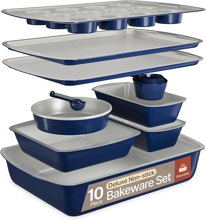 Royal Blue 10-Piece Bakeware Sets, Nonstick Carbon Steel Baking Sheet & Pans, Stackable Space-Saving Bakeware, Dishwasher Safe, Stain-resistant, PFOAPFOSPTFE Free, Oven Safe Up To 450°F (230°C)