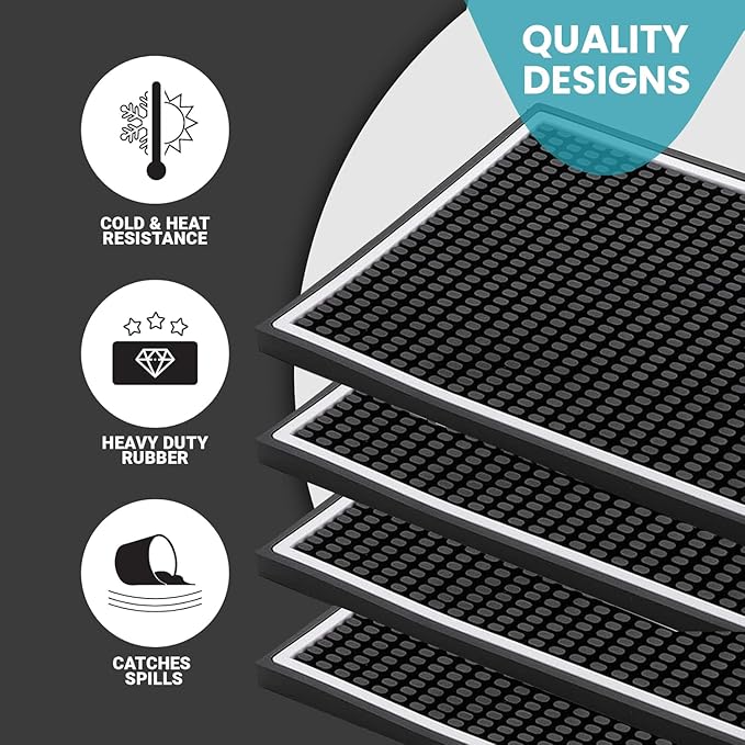 Bar Mat 4-Pack, 18 x 12 Rubber Coffee Bar Mats for Countertop, Bartending, Home Use, Spill Protection and Coffee Stations, Ideal Matt for Cocktail, Whiskey and Espresso