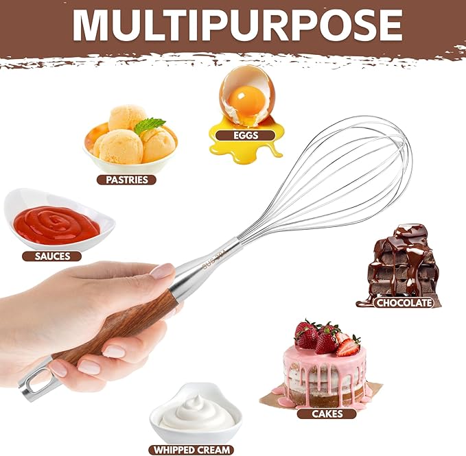 Stainless Steel Whisk Wooden Handle Metal Whisk Balloon Wire Baking Whisks for Cooking Kitchen Whisking Beating Blending 12inch