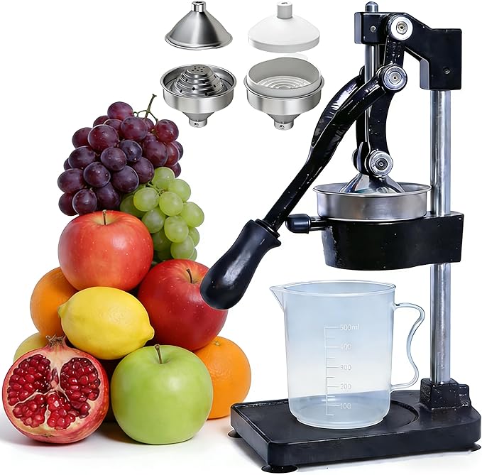 Manual Cast Iron Citrus Juicer Countertop Dual material replaceable accessories - Heavy Duty Hand Press Squeezer for Fresh Orange Lemon Juice, Commercial & Home Use, Easy to Clean, Black