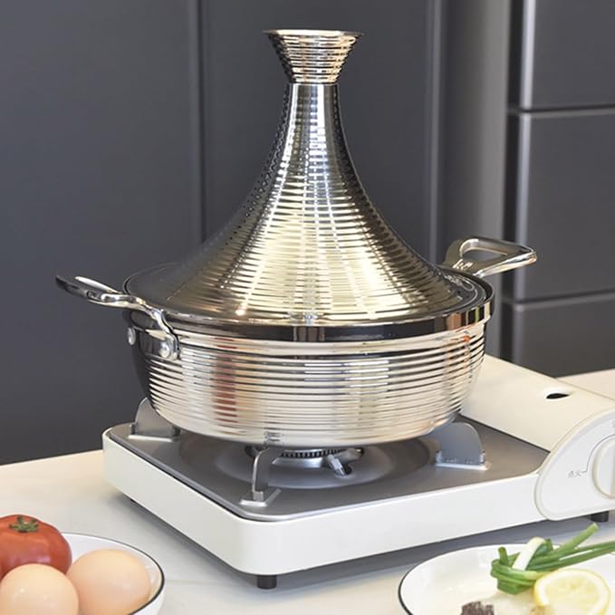 Moroccan Tagine Cooking Pot,Stainless Steel Non Stick Moroccan Casserole with 2 Handles,Large Moroccan Cooker Handmade Tagine Pot with Cone-Shaped Lid(22cm, Silver)