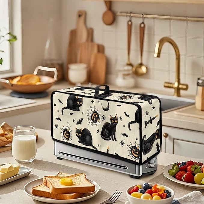 Halloween Toaster Covers 2 Slice Long Slot Cat Pumpkin Toaster Cover Decorative Dust-proof Small Appliance Covers, Easy to Fold and Carry Bread Maker Cover