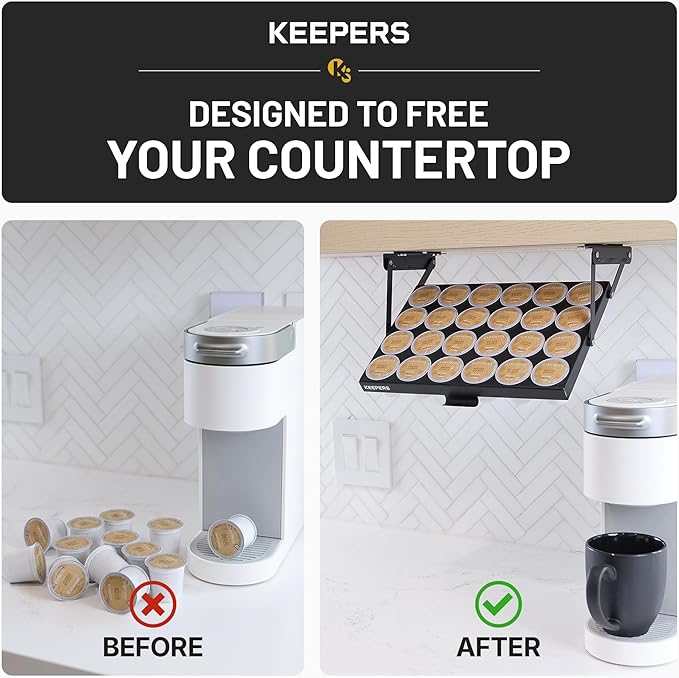 COFFEEKEEPERS KEEPERS Under Cabinet K Cup Holder with Swing-Down Access – Space-Saving Coffee Pod Holder and K Cup Organizer for 24 Pods – Steel Coffee Pod Organizer with Easy DIY Installation