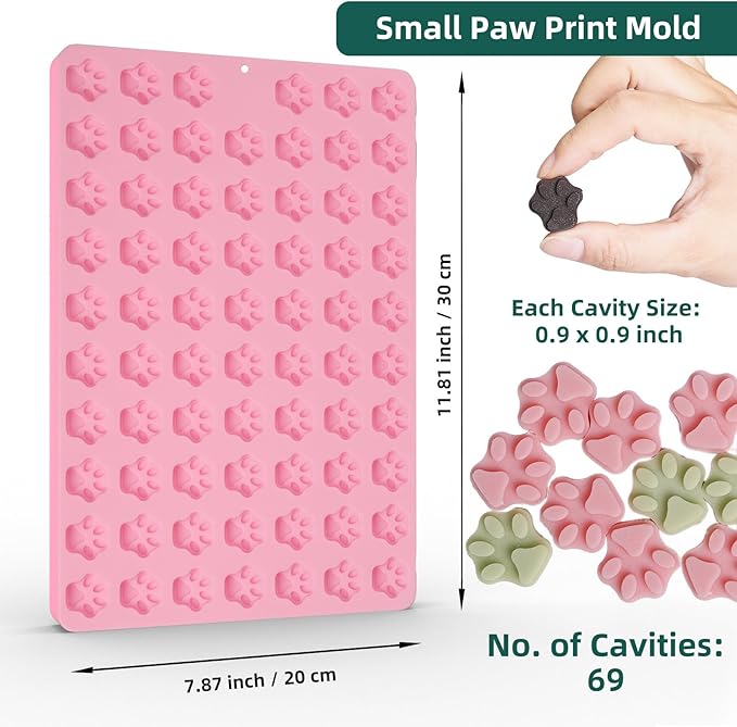 Mini Paw Print Silicone Molds, 69 Cavities Food Grade Pawprint Mold for Chocolate, Candy, Jelly, Gummy, Dog Treats, Cake Décor, Snack Biscuits (with a Scraper)