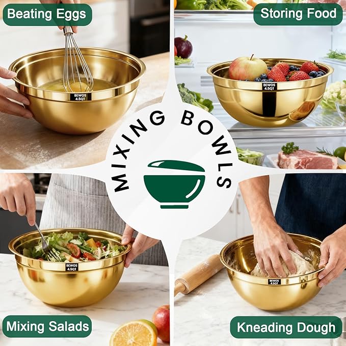 BEWOS 5PCS Mixing Bowls with Airtight Lids Set - 5 Stainless Steel Mixing Bowls, Dishwasher Safe, Ideal for Baking & Meal Prep, Stackable Design for Easy Storage