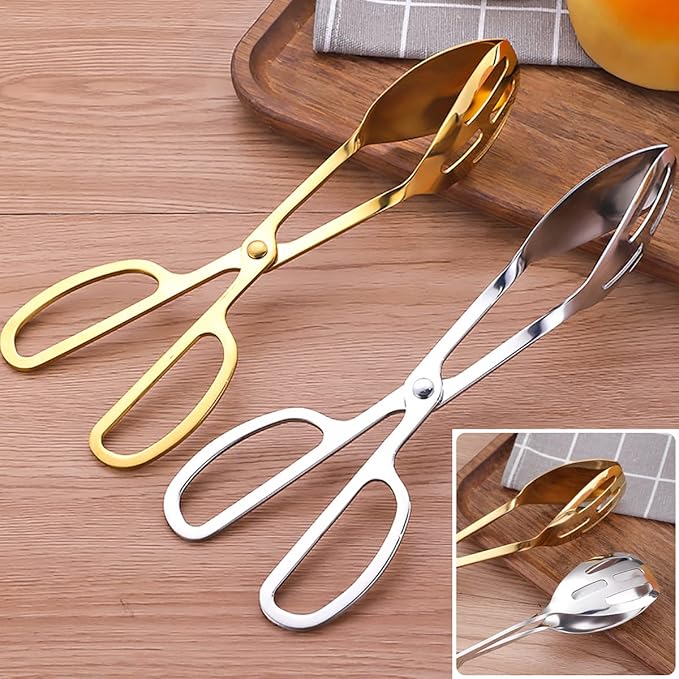2 Pieces Buffet Salad Tongs for Kitchen Serving and Cooking, Stainless Steel Food Scissor Tongs, Catering Utensil for Bread Cake Bake Steak Barbecue (Silver)