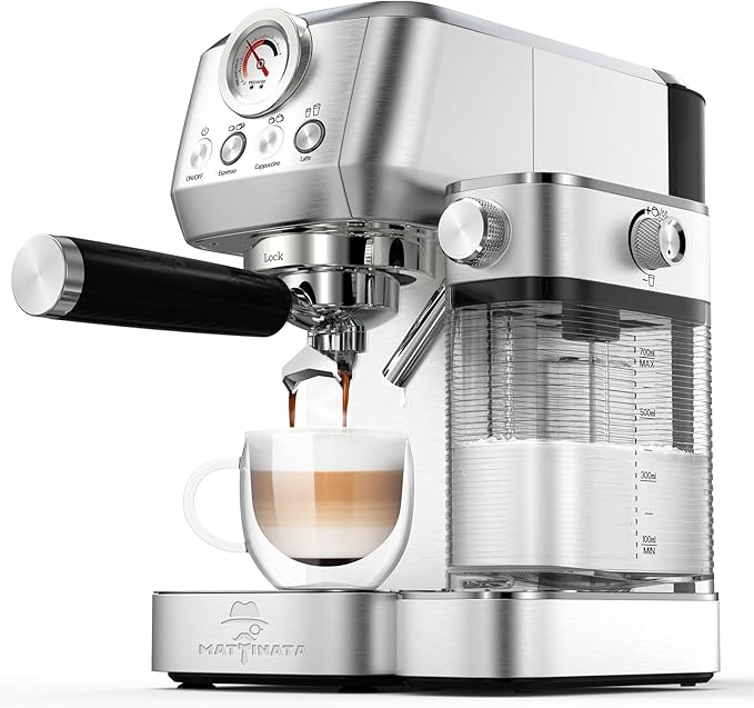 MAttinata Cappuccino Coffee Machine with Automatic Milk Frother, Compact Espresso Machine with Pressure Gauge, Stainless Steel Cappuccino Maker with for Home, Office