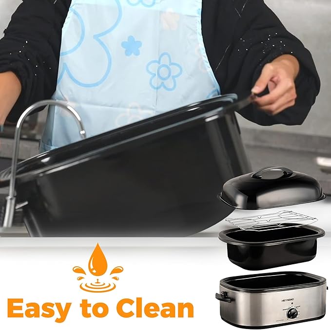 HEYNEMO Turkey Roaster Electric, 24 Quart Oven with Self-Basting Lid, Removable Pan and Rack, Adjustable Temperature Control Powerful 1450W Stainless Steel Oven, Silver