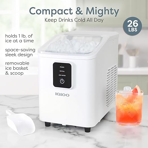 Igloo Portable Ice Maker with Scoop & Basket -Ice Maker with LED Control Panel & 1 Quart Water Tank- Ice Cube Maker Produces 26 Lbs Of Ice In 24 Hours with 8 Large or Small Cubes In 7-8 Minutes- White