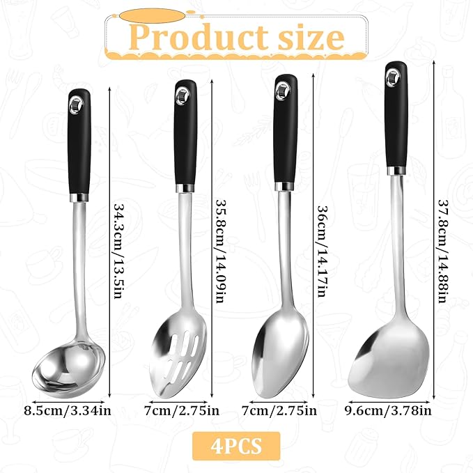 14 Inch Cooking Spoons Set Stainless Steel Kitchen Cooking Utensil Large Serving Spoons Set with Ergonomic Handle Slotted-Spoon, Ladle, Cooking-Spoon, Serving-Spoon (Pack of 4)