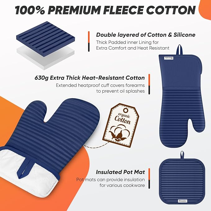 Oven Mitts Kitchen Towels and Dishcloths with Pot Holders Sets, Oven Gloves Hot Pads 500°F Heat Resistant with Silicone Grip, Include 2 Cooking Gloves/2 Potholders/4 Kitchen Towels/4 Dish Towels