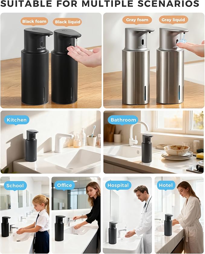 Automatic Liquid Soap Dispenser Touchless, 304 Stainless Steel Bottle Body &16.2oz/480ml Rechargeable, 3 Adjustable Liquid Levels, IPX7 Waterproof, for Kitchen Bathroom, Black