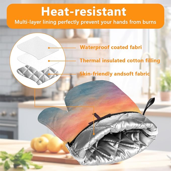 Christian Blessed Cross Sunset Oven Mitts and Pot Holders Sets 4Pcs Silicone Non-Slip Mitts Heat Resistant Gloves Hot Pads for Kitchen Cooking Baking Grilling BBQ