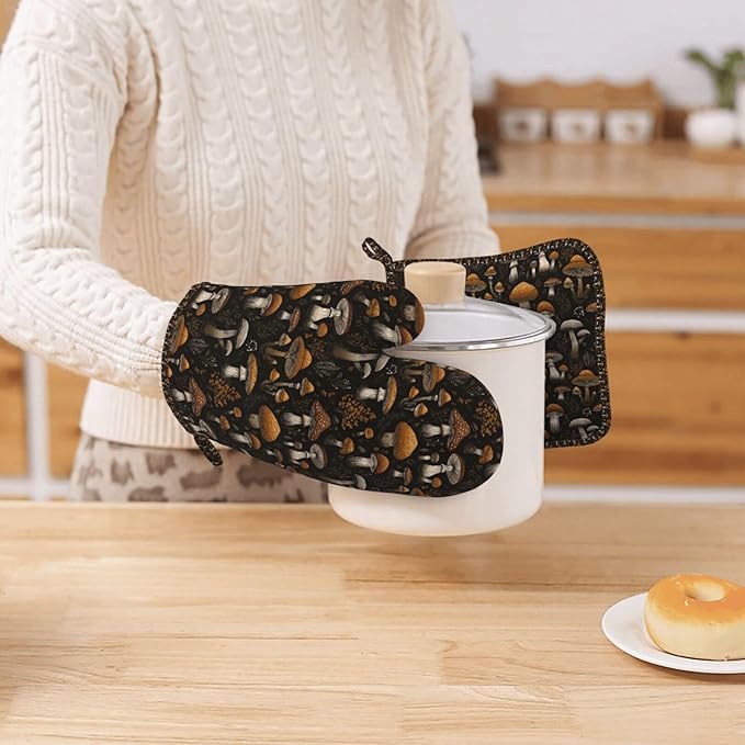 Oven Mitts and Pot Holders Set, Vintage Mushroom Leaf Silicone Kitchen Accessories 4 Piece Heat Resistant Long Gloves Potholder Non-Slip Grip for Chef Cooking Baking Grilling BBQ