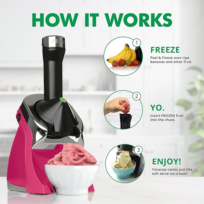 Yonanas 988HP Deluxe Vegan Non-Dairy Frozen Fruit Soft Serve Dessert Maker, BPA Free, Includes 75 Recipes, 200 Watts, Pink