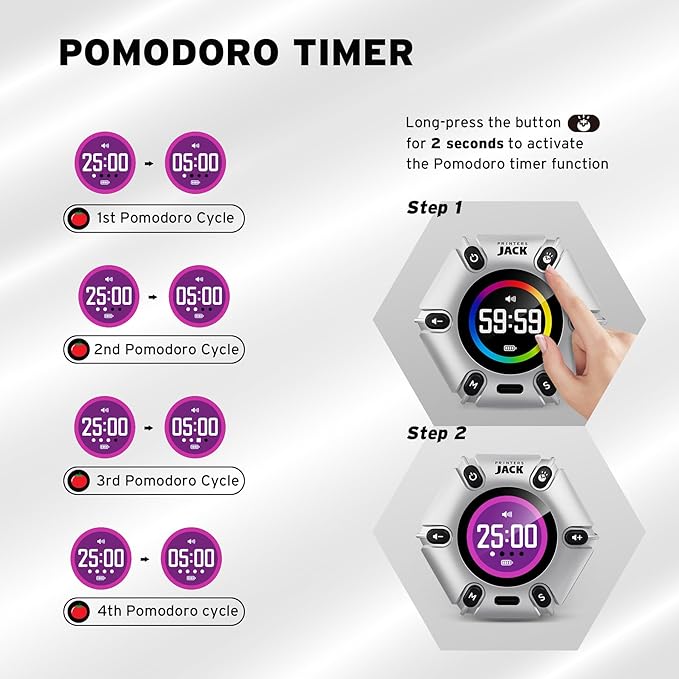 Printers ack Pomodoro Timer - Productivity Cube, Visual Focus Timer, Mute & Vibration & Adjustable Sound Alert, for Office, ADHD, Study, Work, 3/5/10/25/30/60min & Custom Countdown - Silver