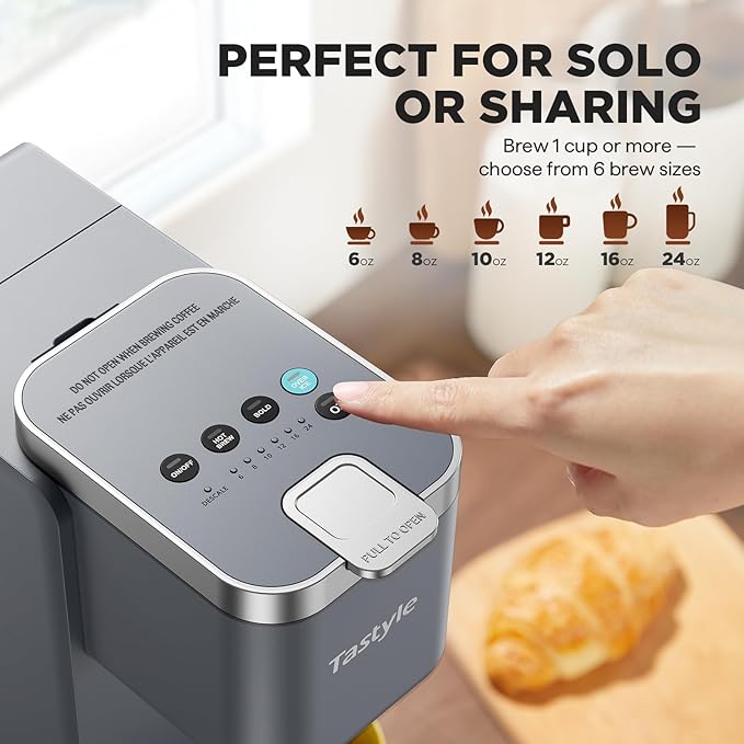 Tastyle Single Serve Coffee Maker, Iced and Hot Coffee Machine for K Cup & Grounds, Compact Design, 40oz Removable Water Reservoir, 6 to 24 Oz Brew Sizes, Fits 7.3" Travel Mug, Gray