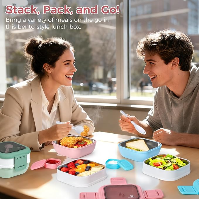 Sinnsally Bento Box Adult Lunch Box with Stainless Steel Container,Metal Lunchable Food Storage Container with Sauce Jar (Pink)