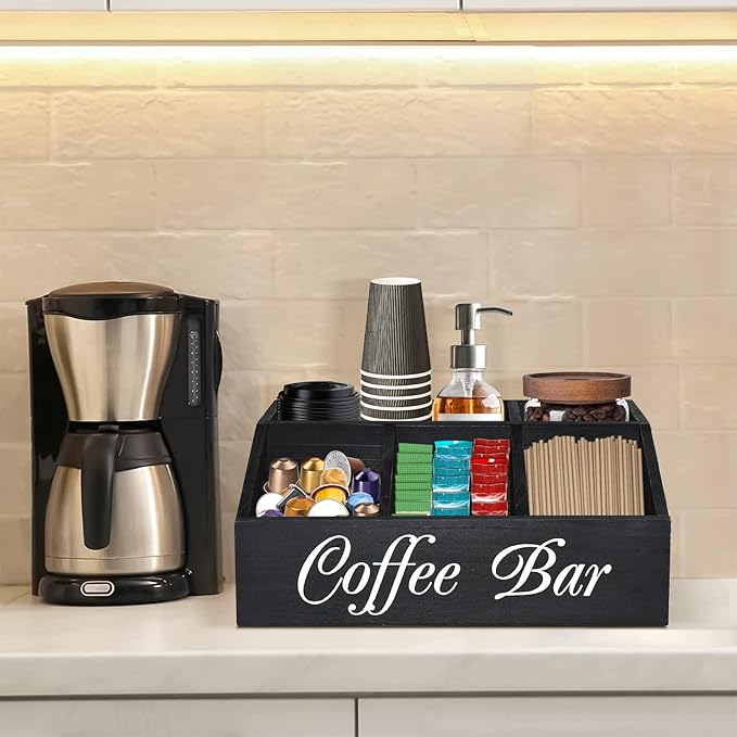 ugiftt Coffee Station Organizer for Counter, Wood Coffee Pods Holder Storage Basket, Tea Condiment Storage Organizer, Rustic Coffee Bar Decor for Coffee Accessories Organizer