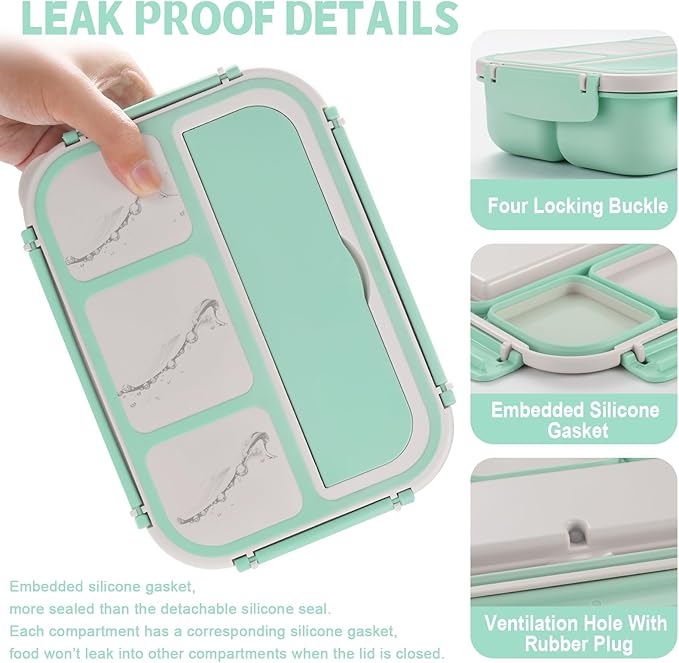 shell and turtle Bento Box Adult Lunch Box, Lunch Containers for Kids Girls Boys with 4 Compartments, Lunchable Food Container with Utensils, Sauce Jar, Muffin Liners, 40 Oz/5 Cup, Seafoam Green