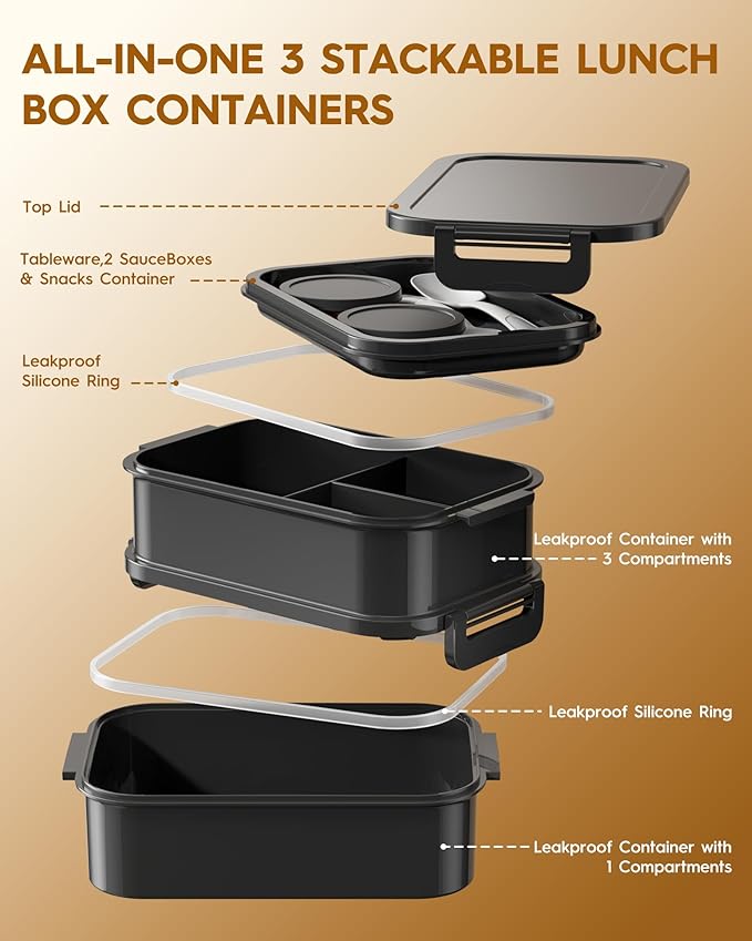 KEMETHY Adults Bento Lunch Box Set with Thermo Bag, 74oz Stackable Leak-proof 3-tiers Bento Box, Built-in Utensil and Sauce Container for Work, School, Dining Out (Black)