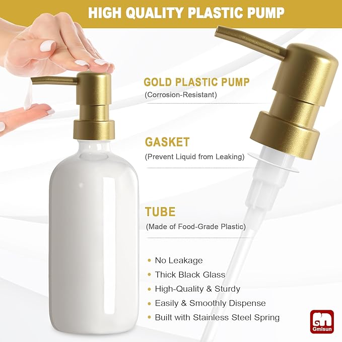 GMISUN Kitchen Soap Dispenser, 16 Oz Kitchen Dish Soap Dispenser Set with Ceramic Tray & Bamboo Brush, 2Pcs Farmhouse Dish Soap Dispenser for Kitchen, Modern White Glass Liquid Hand Soap Dispenser
