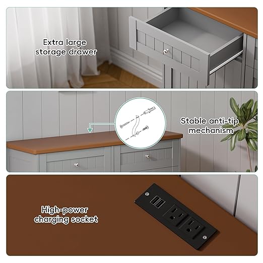 Betterhood Double Tilt Out Trash Cabinet with Power Outlet, 10 Gallon Trash Cabinet with Storage,Pet Proof Trash Can with 2 AC & USB Sockets for Kitchen,Living Room (Grey, Double Door)
