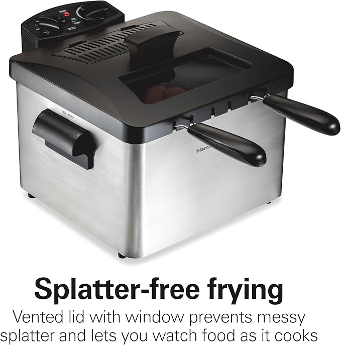 Hamilton Beach Electric Deep Fryer with 2 Baskets and Lid, 4.5 Liters / 19 Cups Oil Capacity, Temperature Control, View Window, Professional Style, 1800 Watts, Stainless Steel (35036)