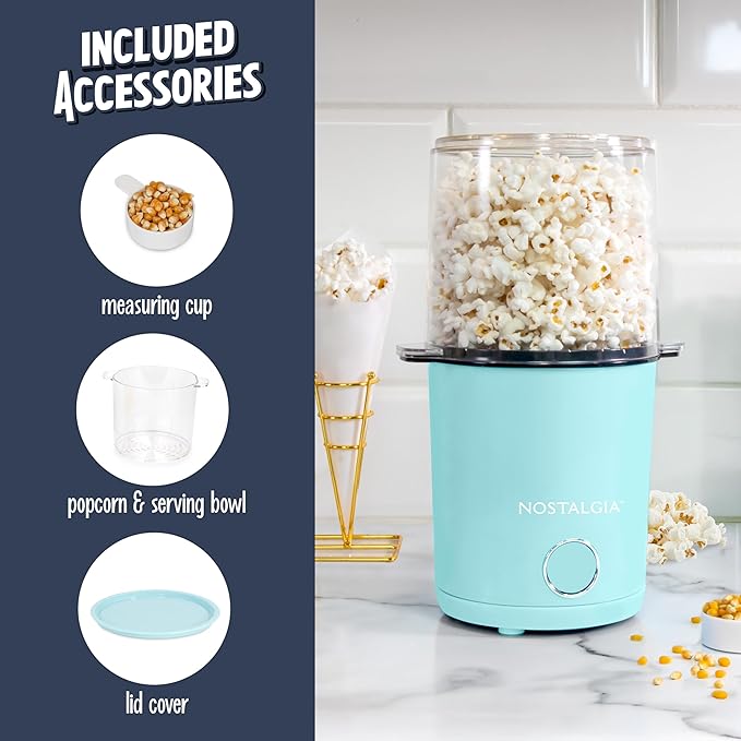 Nostalgia 8-Cup Hot Air Popcorn Maker & Bowl - 2-In-1 Bowl & Lid, 2 oz Measuring Cup - Oil-Free Pop Corn for Movie Night, Snacks, Birthday Parties, and More - Aqua