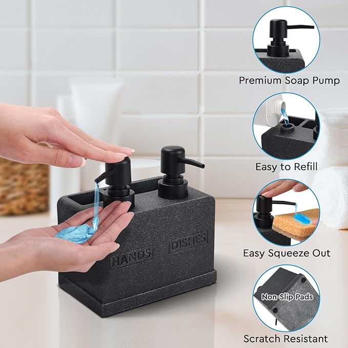 Kitchen Soap Dispenser Set,Hand and Dish Soap Dispenser,Sponge Caddy and Brush Holder 4-in-1 Kitchen Dual Soap Dispenser Set for Kitchen Sink,Bathroom -Black