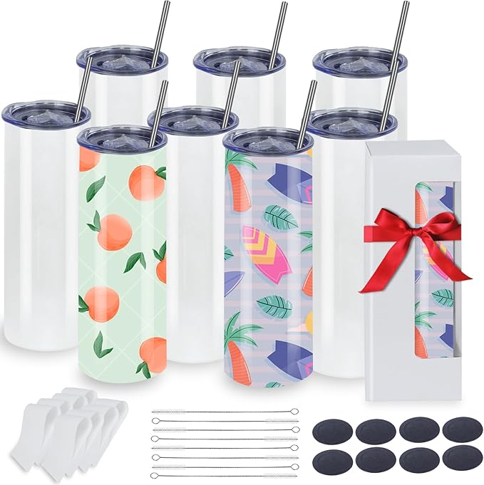 Sublimation Tumblers Bulk, 20OZ Sublimation Tumbler Blank, Skinny Straight Stainless (8, 20OZ FLAT EDGE)
