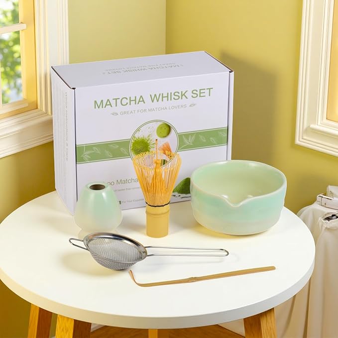 Matcha Whisk Set, Japanese Tea Set Includes Matcha Bowl with Spout, Bamboo Whisk, Ceramic Chasen Holder, Scoop, Sifter, 5 pcs Traditional Tea Making Kit for Matcha Lovers Gift for Women Men