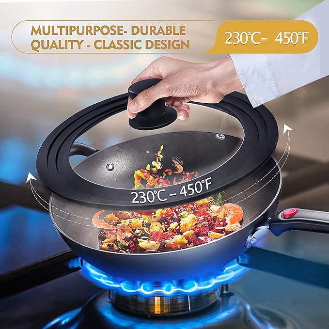 Ydeapi Universal Lid for Pots, Pans and Skillets, Pot Lid With Heat Resistant Silicone Rim and Tempered Glass, Fits 8", 8.5", 9.5" Diameter Pots and Pans