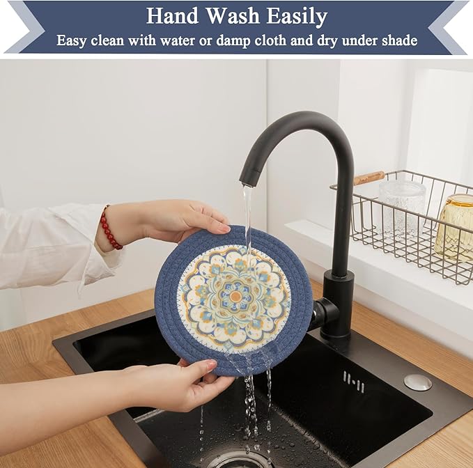 SHACOS 8 Inches Trivets for Hot Dishes, 4 Pieces Cotton and Felt Floral Pattern Trivet Mats for Kitchen, Hot Pads for Countertops and Table, Heat-Resistant Pot Holders for Hot Pots and Pans, Blue