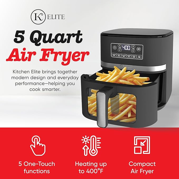 Kitchen Elite 5 Qt Large Digital Air Fryer Oven Family Size Countertop Oil-Free Cooker with Viewing Window & Light, PFAS-Free Nonstick Basket, Black