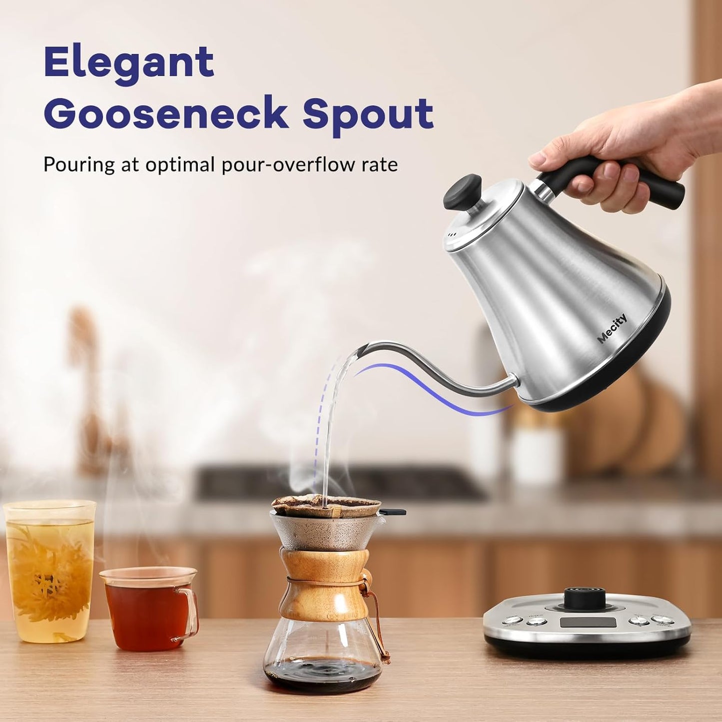 Mecity Electric Gooseneck Kettle With LCD Display Automatic Shut Off Retro Coffee Kettle Temperature Control Hot Water Boiler to Pour Over Tea, 1200 Watt Quick Heating Tea Pot, 0.8L, Stainless Steel