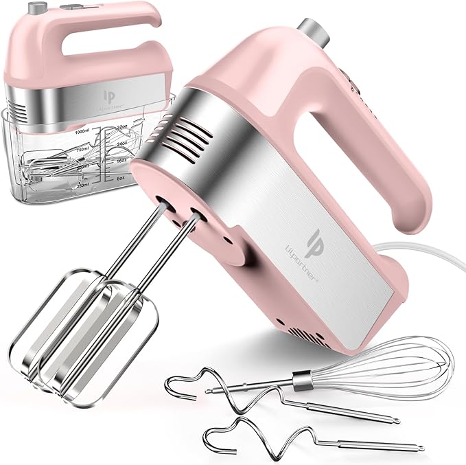 Hand Mixer Electric, 450W Kitchen Mixers with Scale Cup Storage Case, Turbo Boost/Self-Control Speed + 5 Speed + Eject Button + 5 Stainless Steel Accessories, For Easy Whipping Dough, Cream, Pink