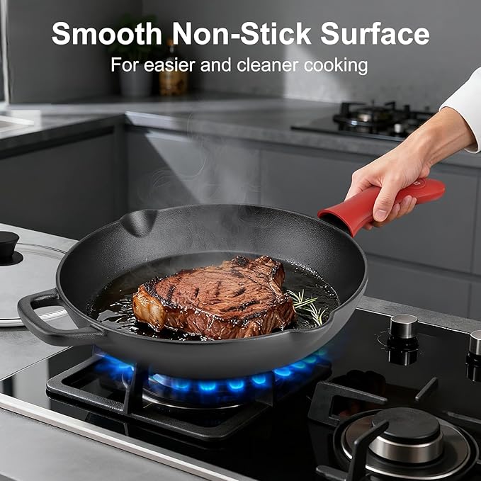 10 Inch Cast Iron Skillet with Tempered Glass Lid, Pre-Seasoned Cast Iron Pan, Silicone Handle Cover & Scraper, Great for Family Meals & Home Cooking