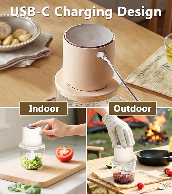 4-in-1 Small Food Processor Cordless Set with 600ml Glass Bowl, 3*240ml Stainless Steel Bowls & 3+4 Blades, USB-C Rechargeable Battery Mini Meat Vegetable Chopper, Electric Kitchen Blender, Mom's Gift