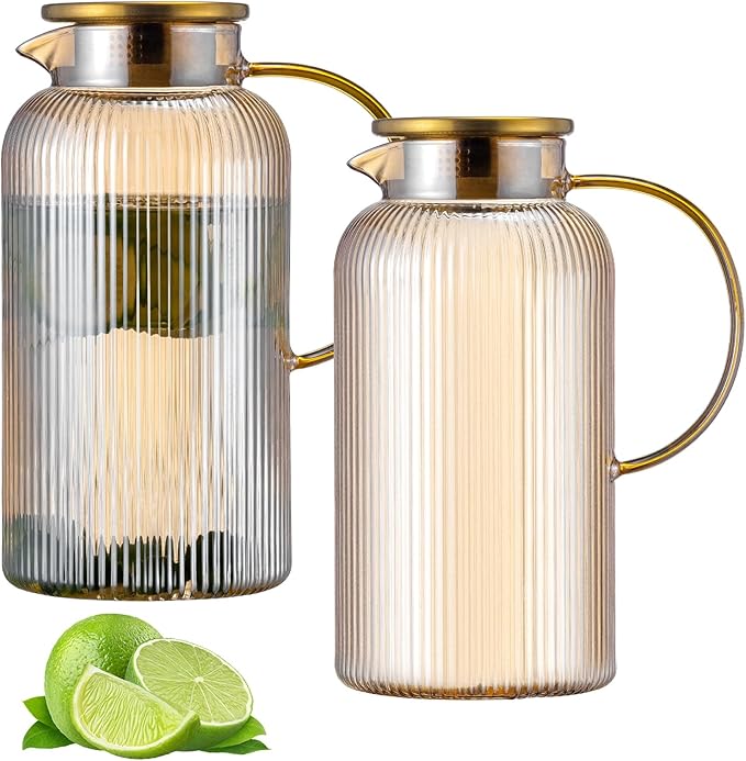 Buaic 2 PACK Glass Pitcher with Lid, 68 oz/ 2 Liter Amber Classic Vertical Stripes Water Pitcher,Glass Water Carafe for Cold Brew, Coffee, Lemonade, Iced Tea,Beverage, Heat Resistant Water Glass Jug