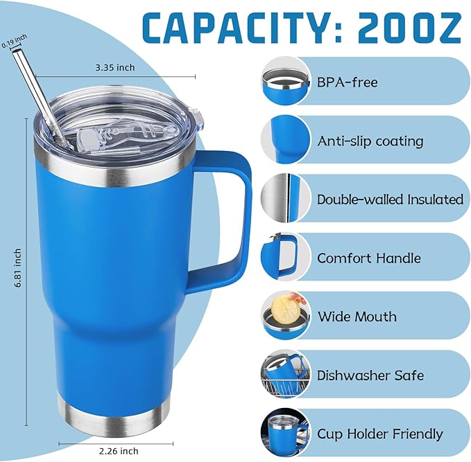 20 oz Tumbler with Handle Stainless Steel Insulated Coffee Tumbler with Lid and Straw Double Wall Vacuum Insulated Coffee Mug Leak Proof Travel Mug Tumbler for Hot and Cold Drink (Sea Blue,8pack)