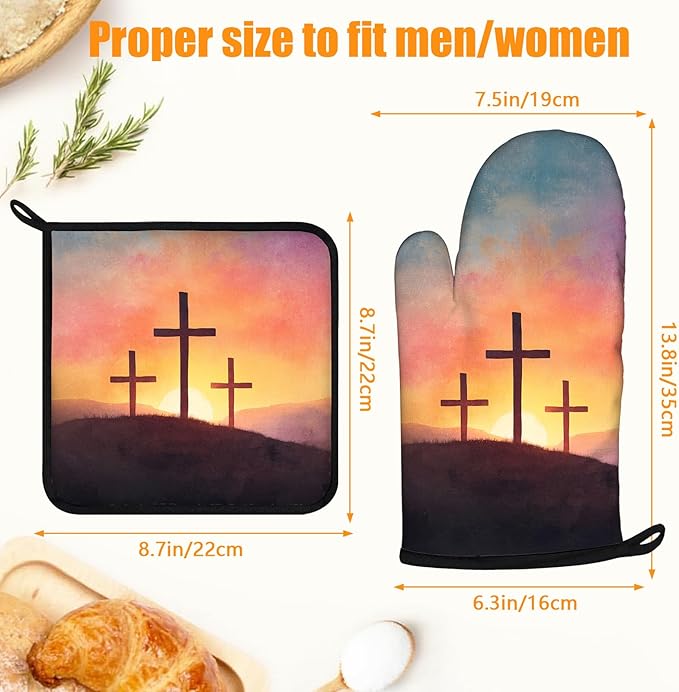 Christian Blessed Cross Sunset Oven Mitts and Pot Holders Sets 4Pcs Silicone Non-Slip Mitts Heat Resistant Gloves Hot Pads for Kitchen Cooking Baking Grilling BBQ