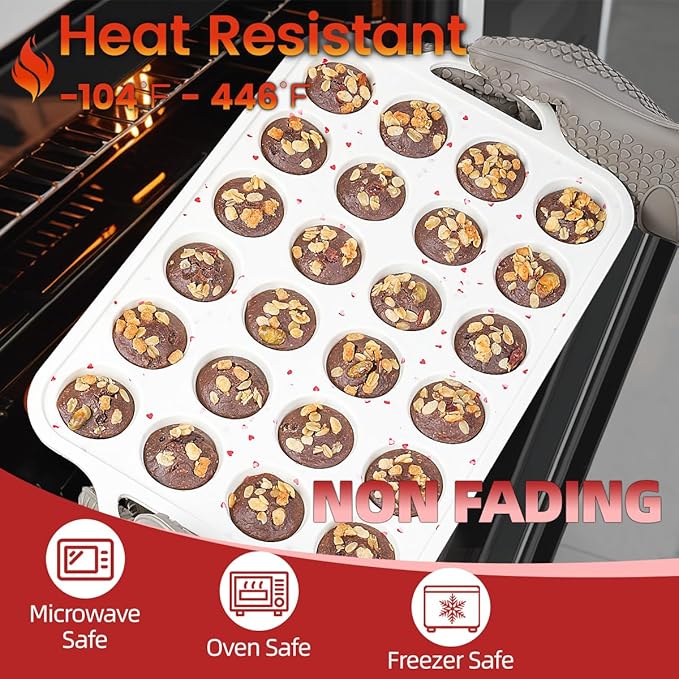 CAKETIME Mini Muffin Pan, Metal Reinforced Frame Mini Cupcake Pans 24 Cups Nonstick Muffin Silicone Molds with Handle for Baking Muffins, Cupcakes, Egg Bites 2 Pack Heart-Shaped